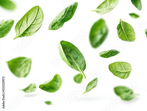 Falling Fresh Green Spinach Leaves on White Background