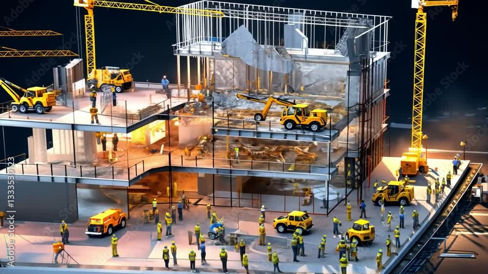 Building Demolition and Construction: A detailed cross-section illustration showcases a building under demolition and simultaneous construction.