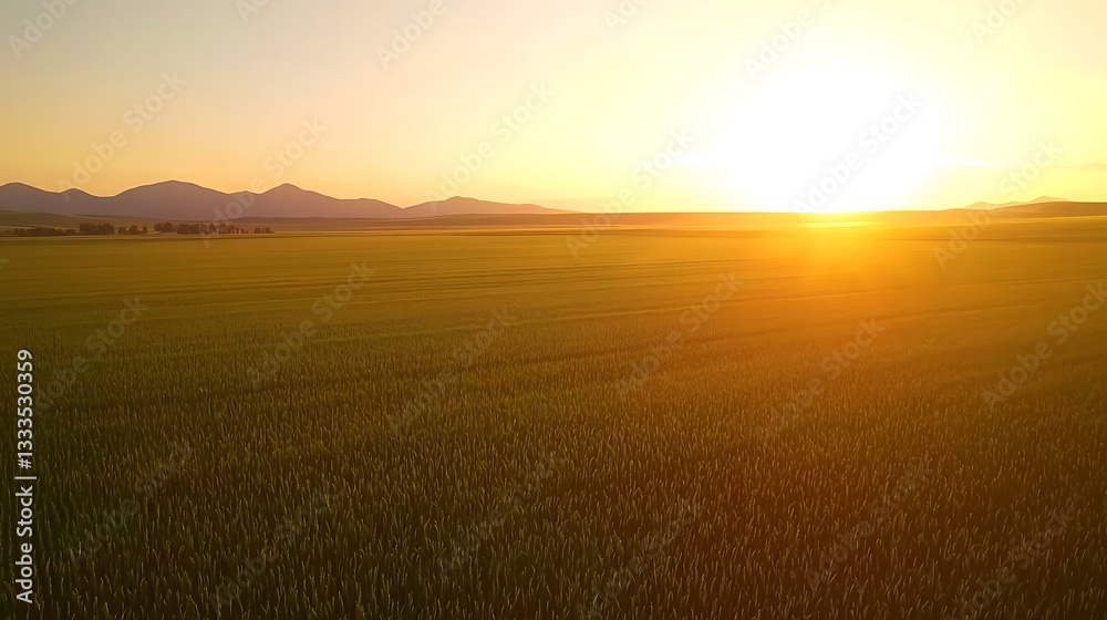 Sunset over vast green field for mountains. Sunset over vast green field for mountains.