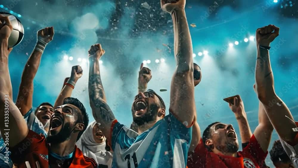 Victory in the Arena: A soccer team celebrates a hard-fought victory, their faces alight with joy as they raise their arms in triumph under the stadium lights, confetti rains down.