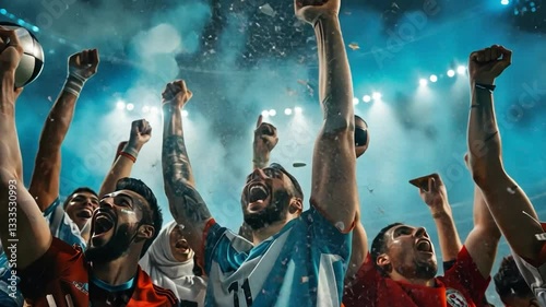 Victory in the Arena: A soccer team celebrates a hard-fought victory, their faces alight with joy as they raise their arms in triumph under the stadium lights, confetti rains down.