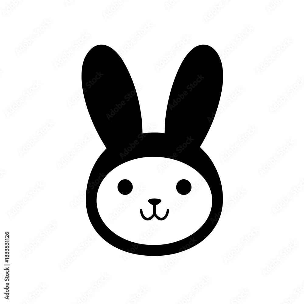 Minimalist black and white bunny face with round eyes and long ears, representing innocence, playfulness, and nature in a simple vector design. Minimalist black and white bunny face with round eyes and long ears, representing innocence, playfulness, and nature in a simple vector design.