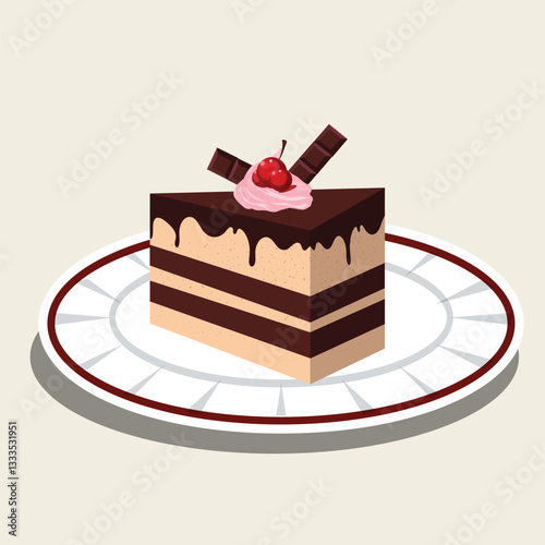 This mouthwatering digital illustration features a rich and creamy slice of chocolate cake elegantly plated on a decorative dish. 