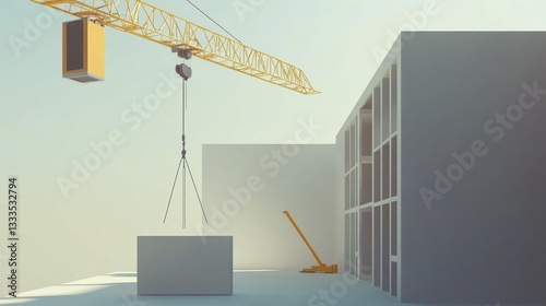 Construction crane lifting materials at building site, 3D model, architectural rendering, concept,  building, progress photo
