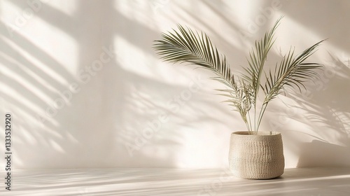 Minimalist Palm Leaf in Pot Casting Shadows on White Wall