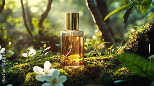 Elegant perfume bottle placed on lush green moss with delicate white flowers in a sunlit forest  
