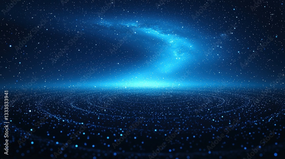 Naklejka premium Vast Cosmic Landscape with Starry Night Sky and Ethereal Blue Light Swirling in Space