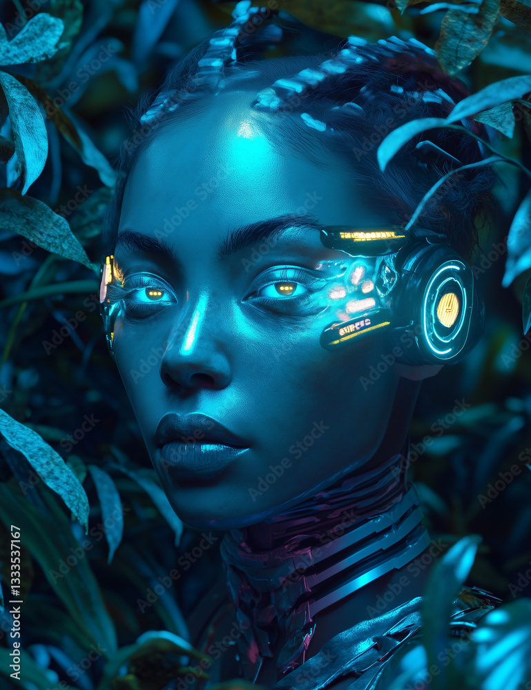 Biopunk Cybernetic Woman with Glowing Enhancements in Nature Biopunk Cybernetic Woman with Glowing Enhancements in Nature
