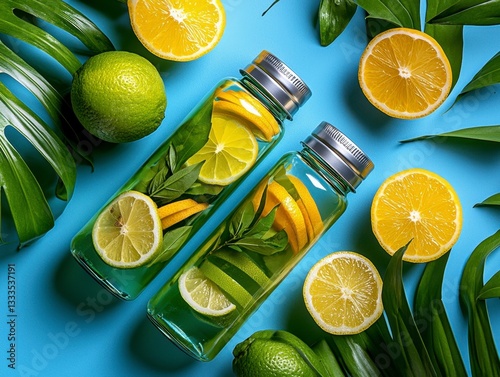 Embark on a refreshing journey with this vibrant citrus beverage, meticulously crafted in a sleek detox bottle Infused with nature's goodness, this elixir embodies wellness and vitality Savor the photo