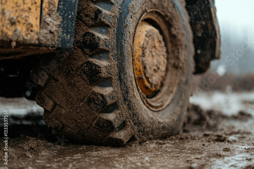 A dirty tire on a muddy road