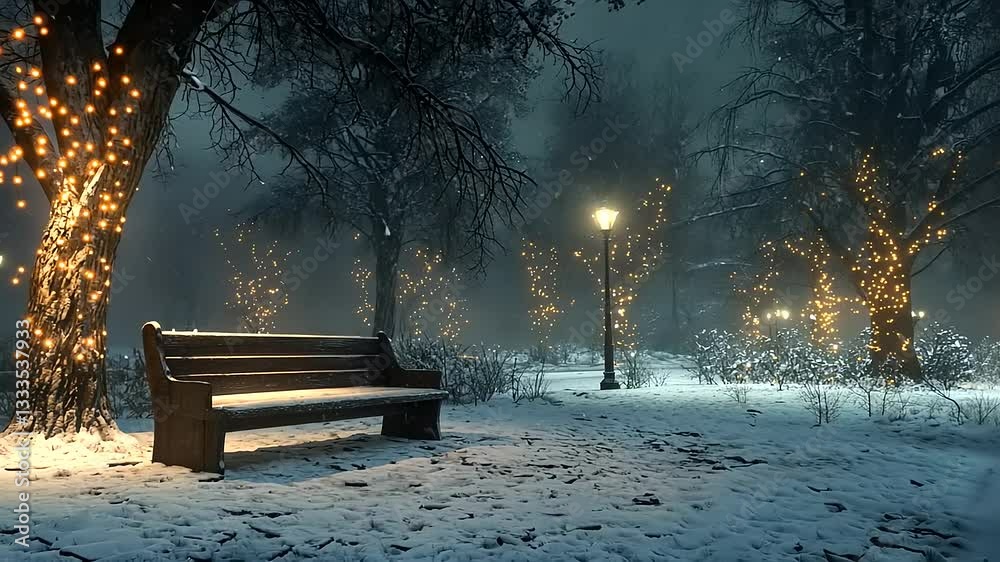 A snow-covered park bench under twinkling fairy lights and falling snow on a cold winter evening.