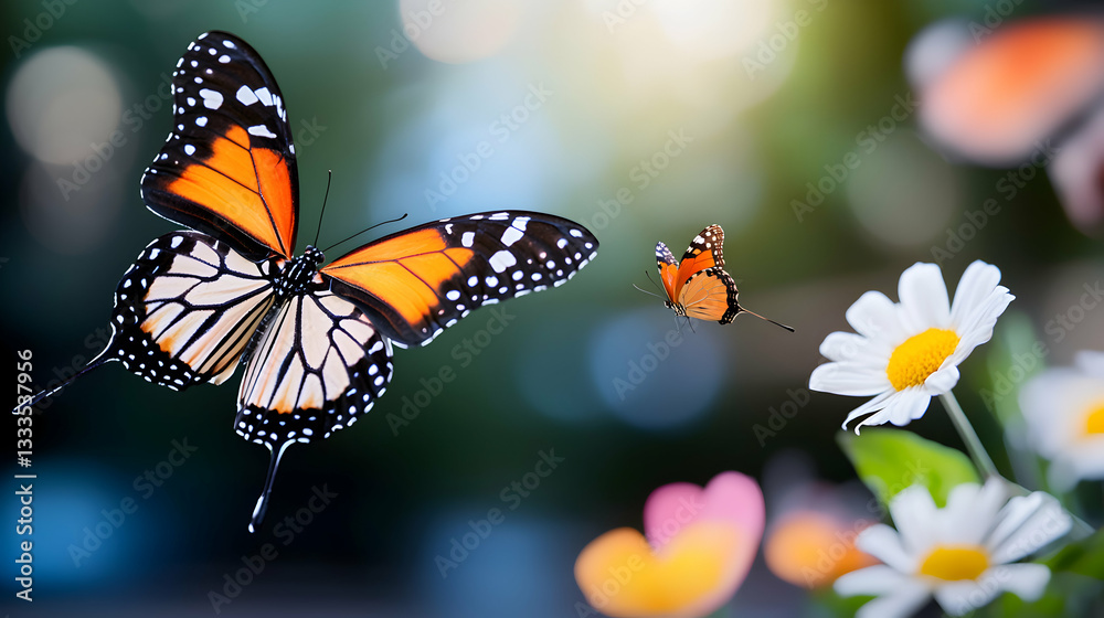 Two Butterflies Flying Near White Daisies in a Sunny Garden Two Butterflies Flying Near White Daisies in a Sunny Garden