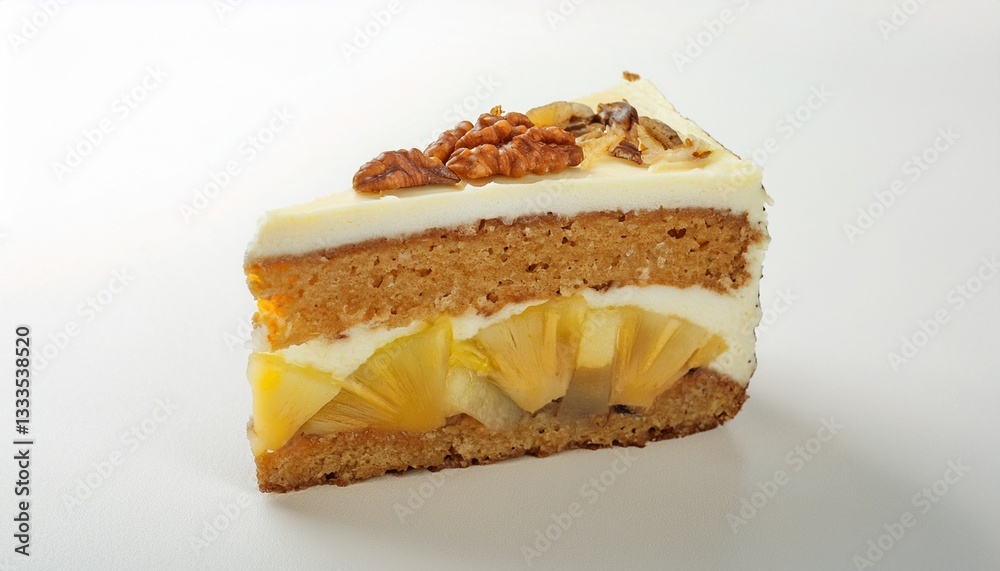 A delectable slice of layered cake, featuring pineapple filling, a creamy frosting, and a sprinkle of nuts on top. Sweet treat perfection! A delectable slice of layered cake, featuring pineapple filling, a creamy frosting, and a sprinkle of nuts on top. Sweet treat perfection!