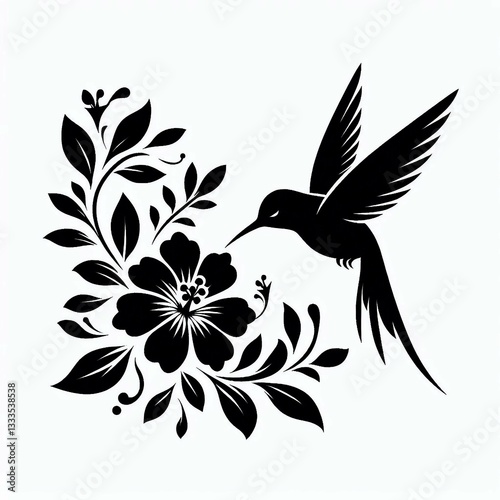Hummingbird and Hibiscus Black Ink Silhouette