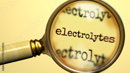 Electrolytes under magnifying glass. Thorough analysis and inspection of electrolytes. Taking a closer look at electrolytes. Examination of the concept of electrolytes ,3d illustration