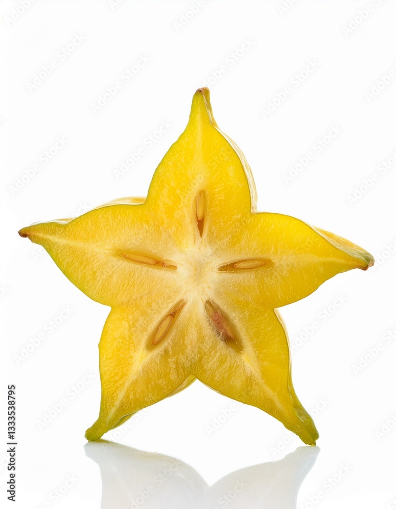 Fototapeta premium A vibrant star fruit slice, showcasing its juicy, yellow flesh and distinct star shape against a clean white background.