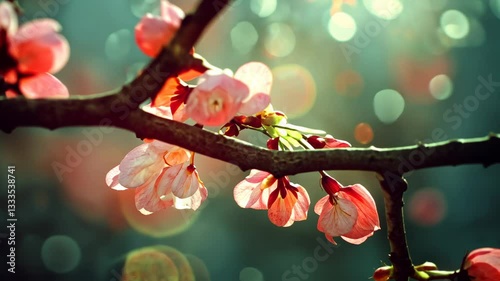 Serene Spring Blossoms: A Close-Up of Delicate Pink Flowers Basking in Sunlight