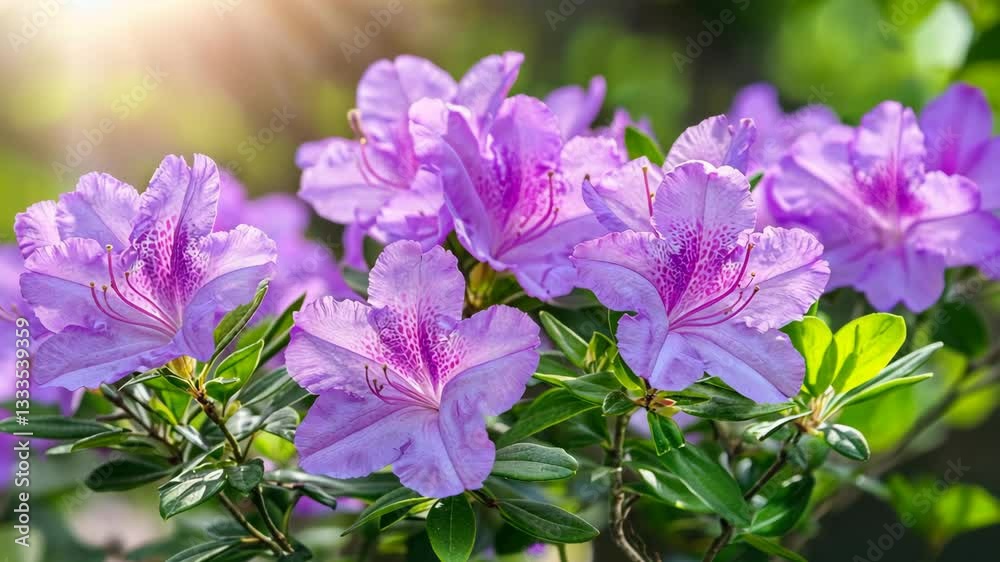 Vibrant purple azaleas blooming in a lush garden under soft sunlight Vibrant purple azaleas blooming in a lush garden under soft sunlight