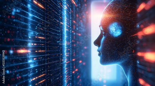 Ai powered digital immortality consciousness stored quantum servers glowing futuristic mind transfer chamber