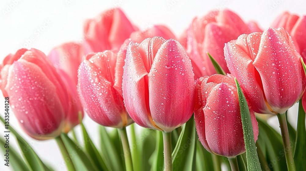 Fototapeta premium Dewy Pink Tulips Isolated on White Background for Vibrant Floral Displays