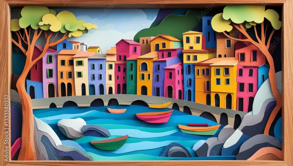 Fototapeta premium Colorful paper cut Italian village by the water