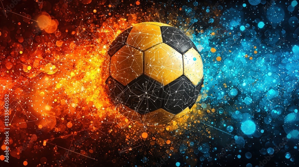 Fototapeta premium Dynamic Soccer Ball Surrounded by Colorful Abstract Background of Orange and Blue Lights