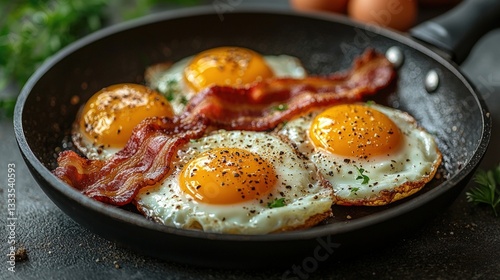 Freshly Cooked Fried Eggs with Crispy Bacon and Herbs in a Non-Stick Pan Setting