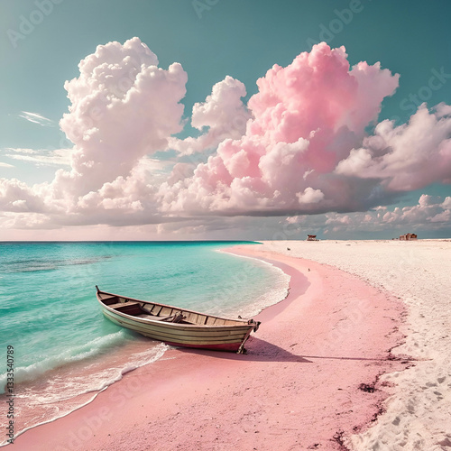 A surreal pink sand beach with crystal-clear turquoise waters.