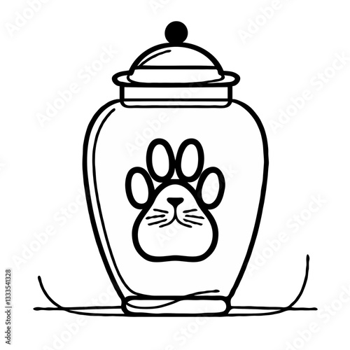 Minimalistic drawing of cat cremation urn with paw print applied, elegant continuous line, black and white, clean and simple composition
