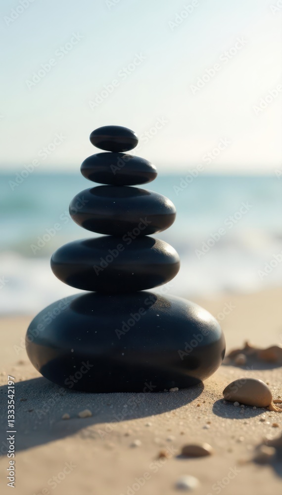 Black stones pyramid on sandy beach, serene scene, sand, nature Black stones pyramid on sandy beach, serene scene, sand, nature