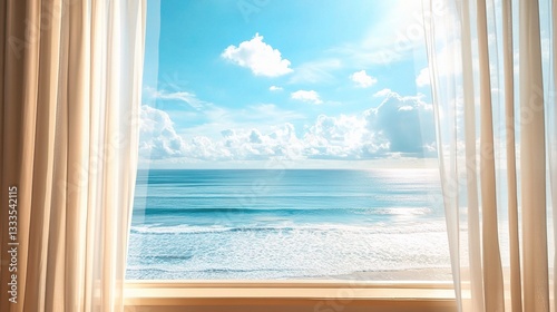 Scenic Seaside View from a Luxurious Resort Window with Ocean Breeze