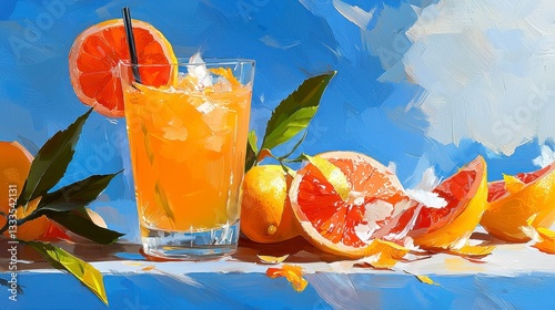 Experience the zesty refreshment of this Vibrant orange juice with grapefruit and lemon slices, citrus overload This captivating image showcases a vibrant citrus drink, perfect for summer, capturing