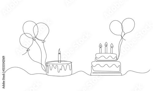 Continuous line drawing of birthday cake with candle and balloons. Birthday cake one line drawing in single line art style. Doodle sketch concept isolated on white background. Stock-Vector