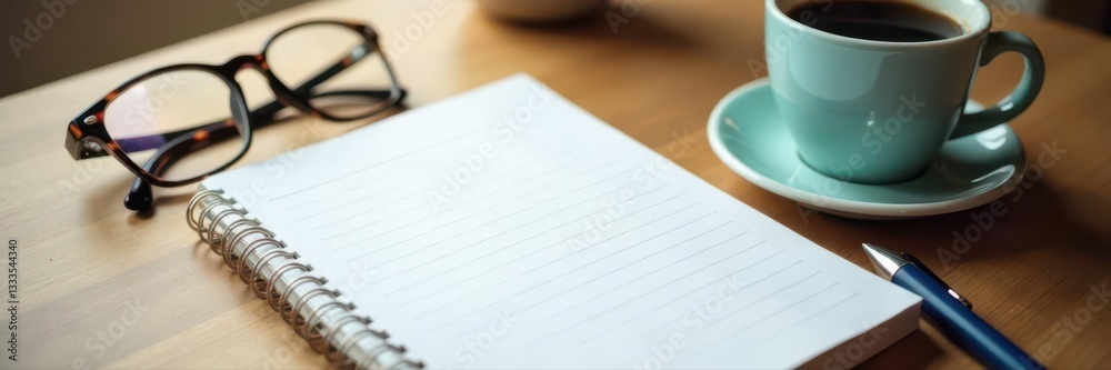 Blank lined notepad, coffee, pen, glasses, mug , paper, desk Blank lined notepad, coffee, pen, glasses, mug , paper, desk