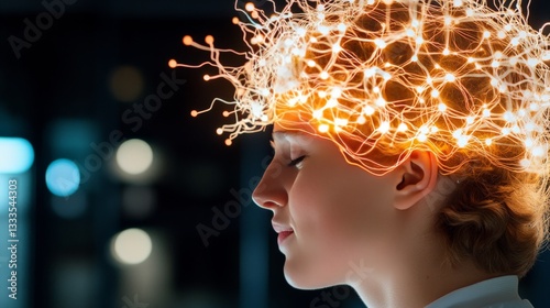 Conceptual profile of human head with neural network visualization of artificial intelligence thinking process and deep learning technology connections illuminated by glowing circuits