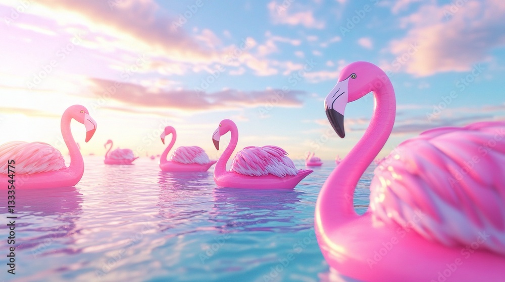 Fototapeta premium Vibrant Pink Flamingos Swimming in Calm Waters at Sunset
