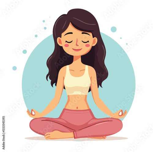 Young Woman Meditating in Yoga Pose – Peaceful and Relaxing Cartoon Illustration