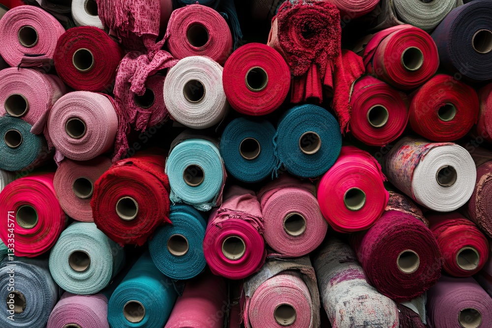 Fototapeta premium Textile rolls stacked in a fabric manufacturing plant fashion industry