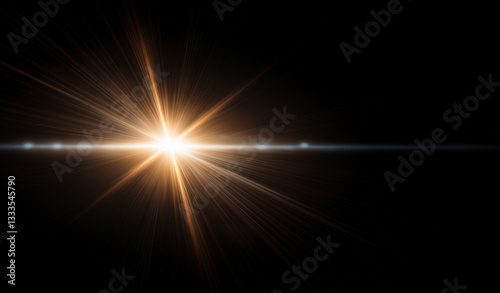 Gold lens flare, golden sunburst overlay on black background. High-quality stock image of Sun flare, effects sunlight, light leaks transition, explosion of yellow light, optical flare glow isolated