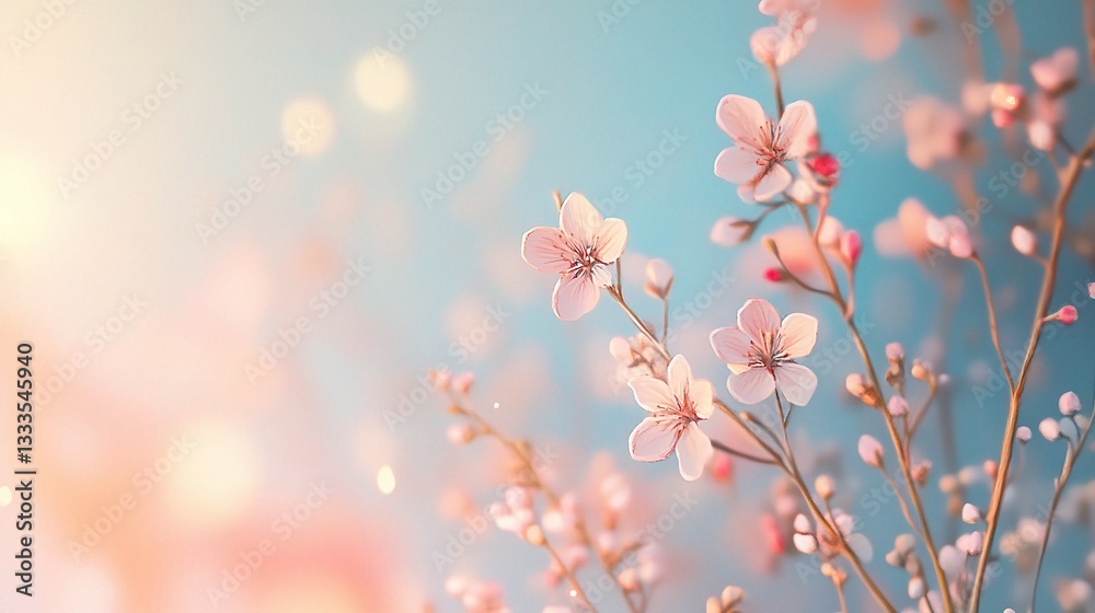 Delicate Pastel Illustration of Soft Flowers on Blue Background Delicate Pastel Illustration of Soft Flowers on Blue Background