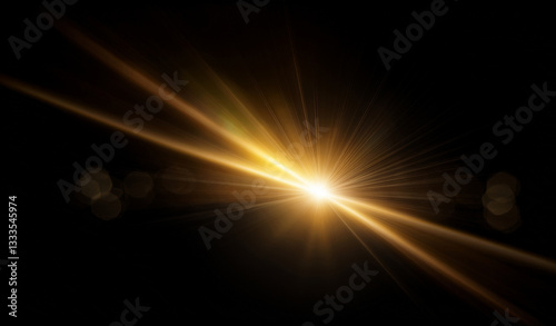 Gold lens flare, golden sunburst overlay on black background. High-quality stock image of Sun flare, effects sunlight, light leaks transition, explosion of yellow light, optical flare glow isolated