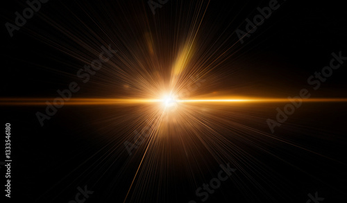 Gold lens flare, golden sunburst overlay on black background. High-quality stock image of Sun flare, effects sunlight, light leaks transition, explosion of yellow light, optical flare glow isolated