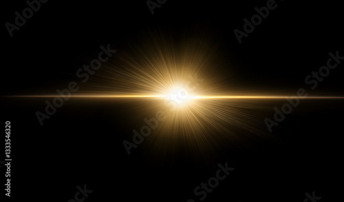 Gold lens flare, golden sunburst overlay on black background. High-quality stock image of Sun flare, effects sunlight, light leaks transition, explosion of yellow light, optical flare glow isolated
