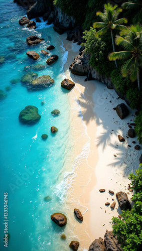 Tropical Seaside: From an overlooking angle, a peaceful sea, with golden sand beaches and clear blue waters inviting swimmers to immerse themselves in tranquility.  a perfect tropical getaway.
 photo