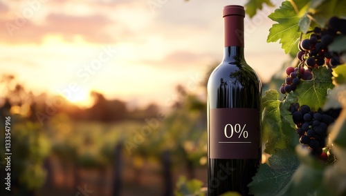 A bottle of nonalcoholic red wine in vineyard.