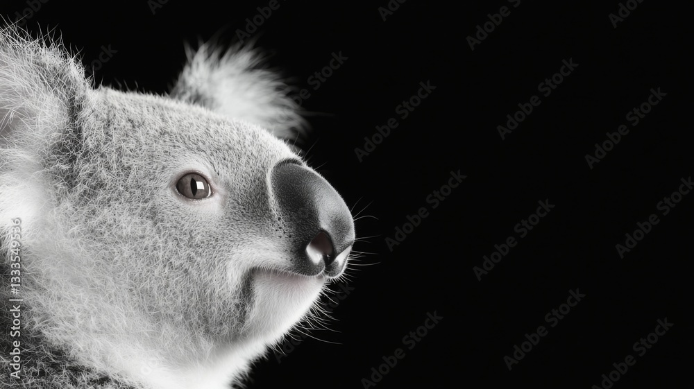 Obraz premium Elegant black and white engraving of a koala, detailed closeup showcasing the animal's features and texture, perfect for art and nature enthusiasts.