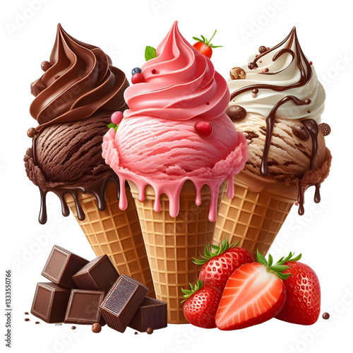 Chocolate, vanilla and strawberry Ice Cream Isolated white background