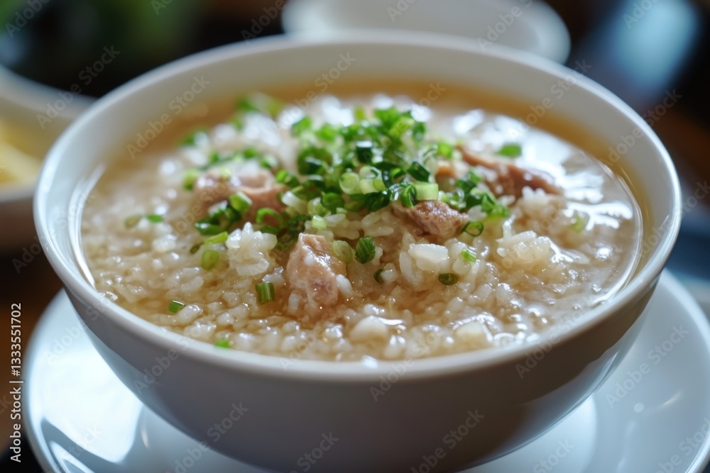 Delicious Bowl of Savory Rice Porridge with Tender Meats and Herbs Delicious Bowl of Savory Rice Porridge with Tender Meats and Herbs