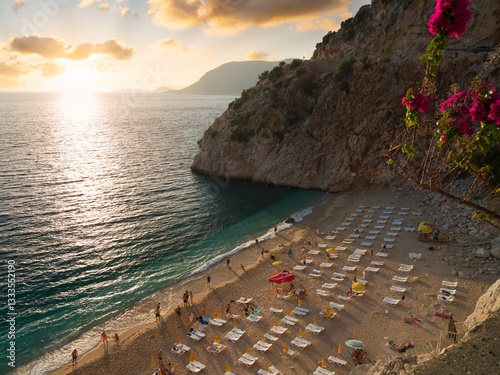 Fototapeta Naklejka Na Ścianę i Meble -  Kaputas beach at sunset time.  Calm view of Kaputas beach on a hot day. Near Kas and Kalkan town. Antalya's most famous salils. Turkey country 