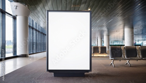 Blank white led light box in airport lounge mockup. Generated image